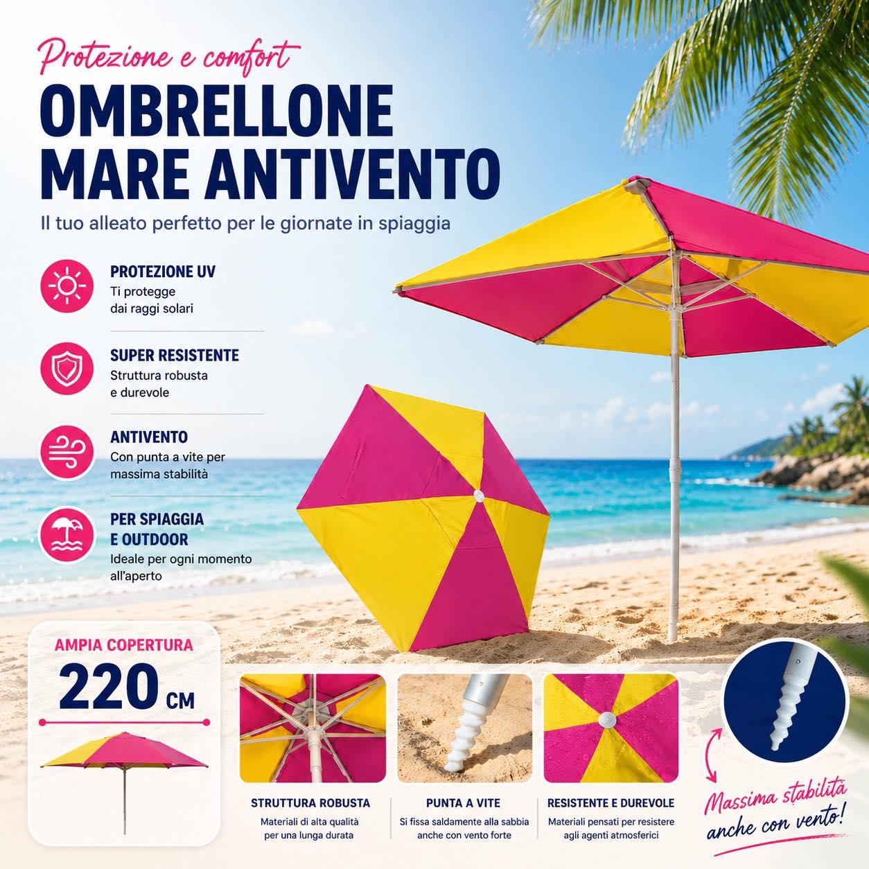 Ombrellone mare antivento 220 cm